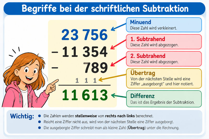Begriffe bei der schriftlichen Subtraktion: Minuend, Subtrahend, Entbündelung und Differenz